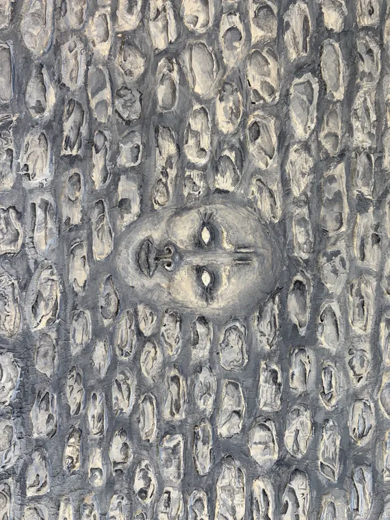 Skull in the Cells, relief, paint by Wills McFadden