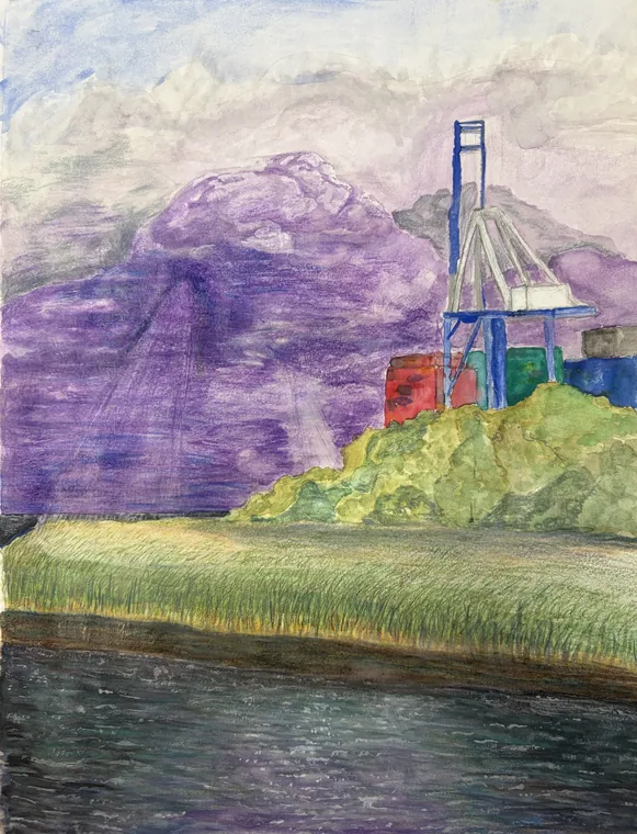 Harbor Cranes, watercolor by Wills McFadden